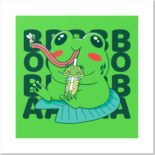 Kawaii Frog Drinking Boba Tea Posters and Art